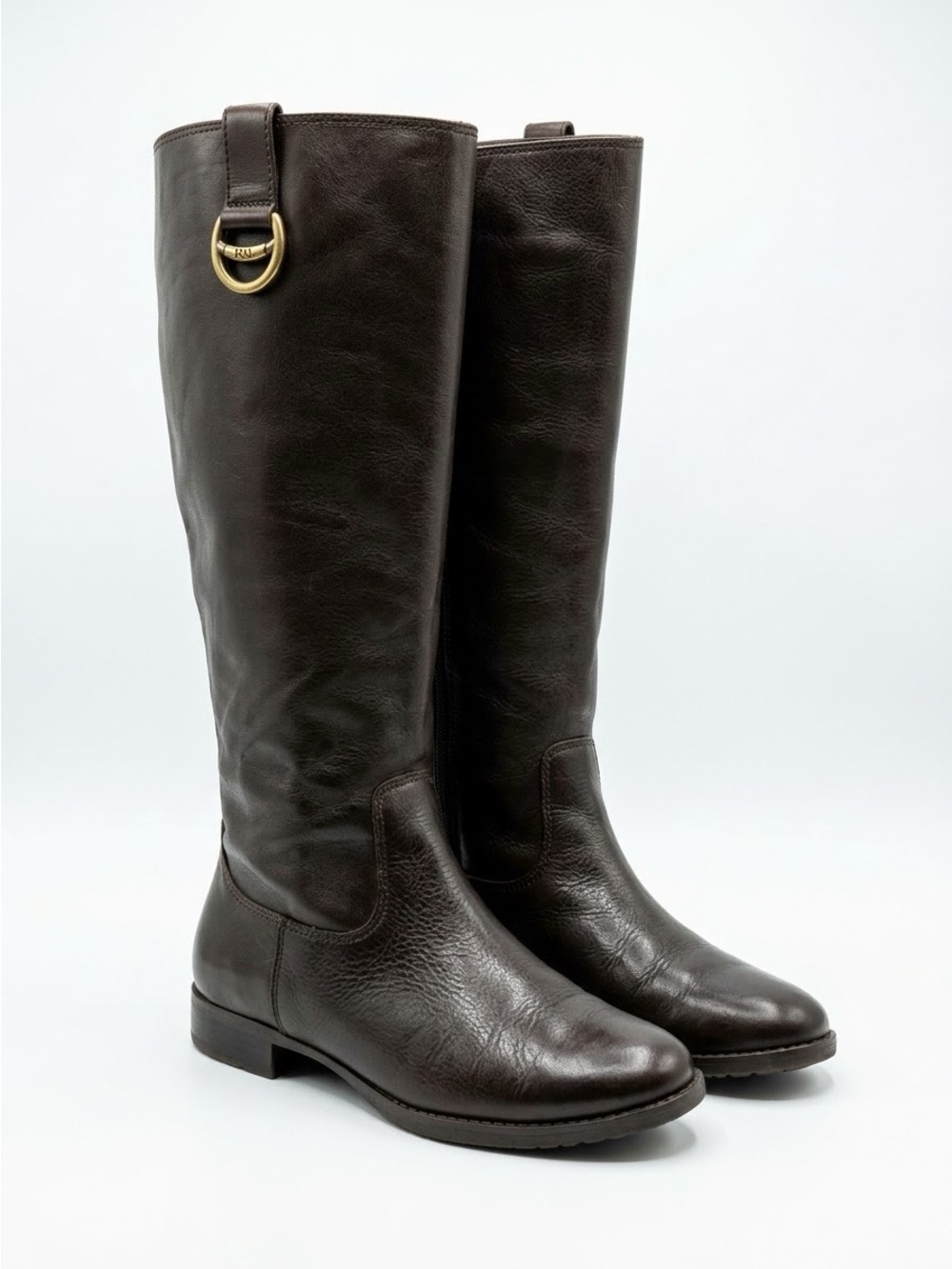 Lauren Ralph Lauren Sariah Brown Leather Knee High Riding Boots Gold Ring 9M